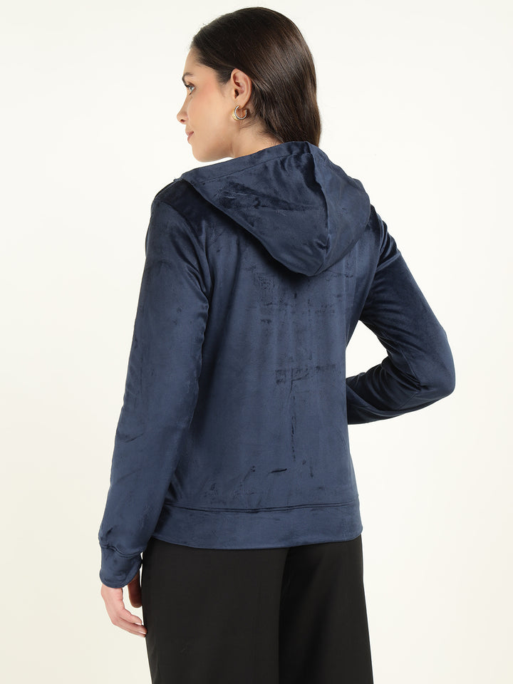 Women Navy Blue Solid Velvet And Polyester Regular Fit Casual Sweatshirt
