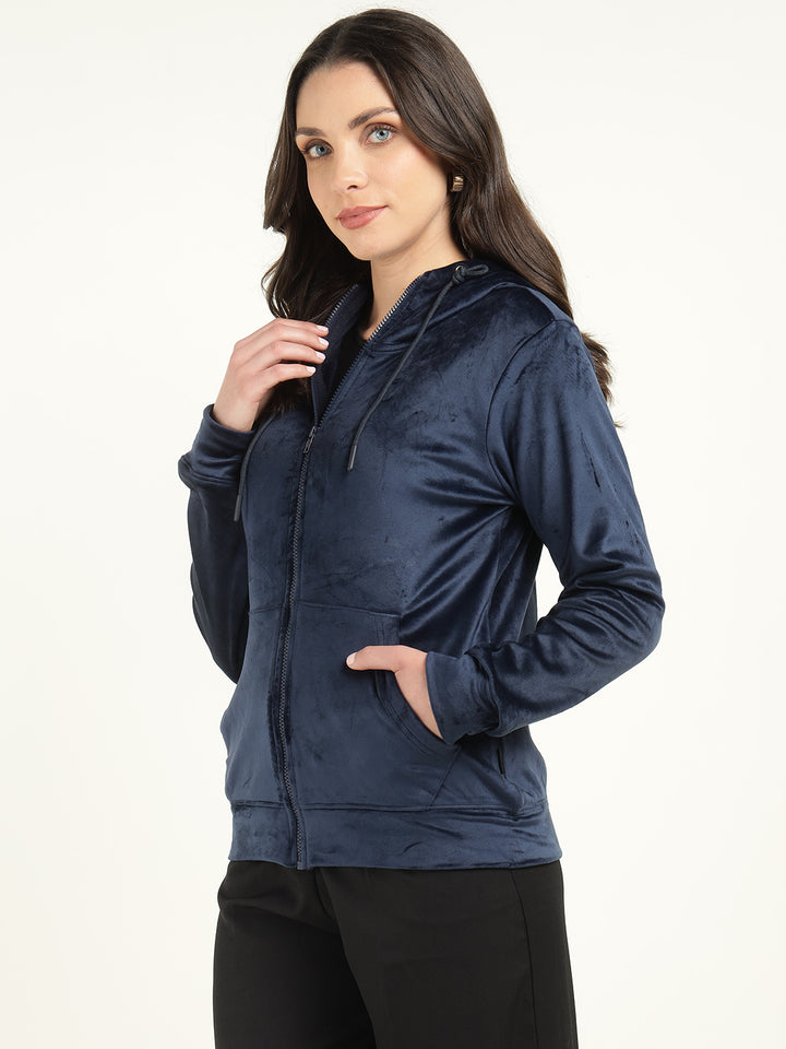 Women Navy Blue Solid Velvet And Polyester Regular Fit Casual Sweatshirt