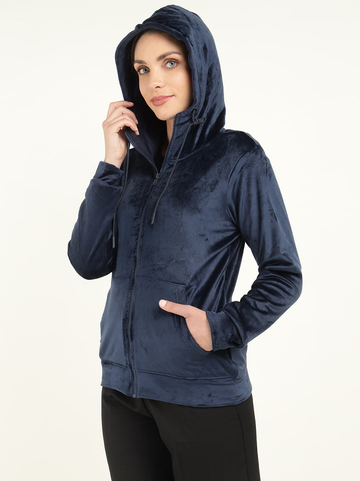 Women Navy Blue Solid Velvet And Polyester Regular Fit Casual Sweatshirt