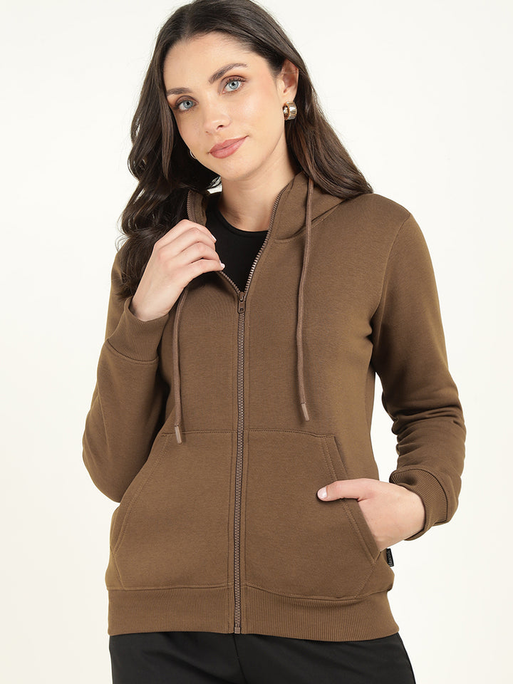 Women Tan Solid Cotton Rich Regular Fit Casual Sweatshirt
