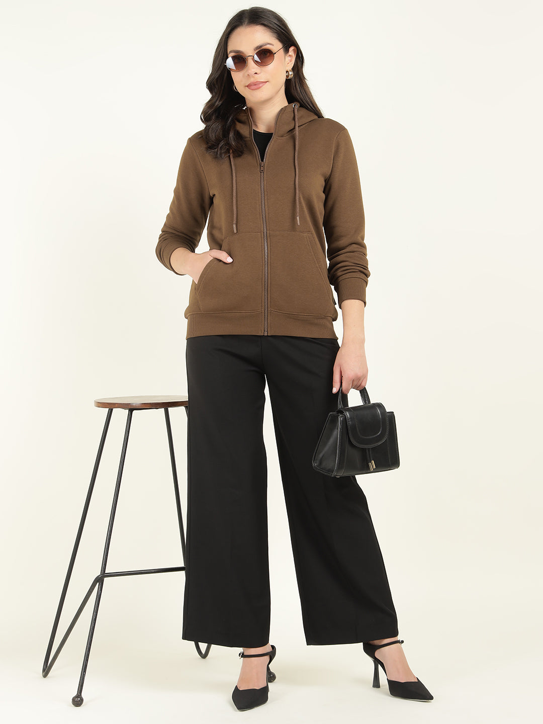 Women Tan Solid Cotton Rich Regular Fit Casual Sweatshirt