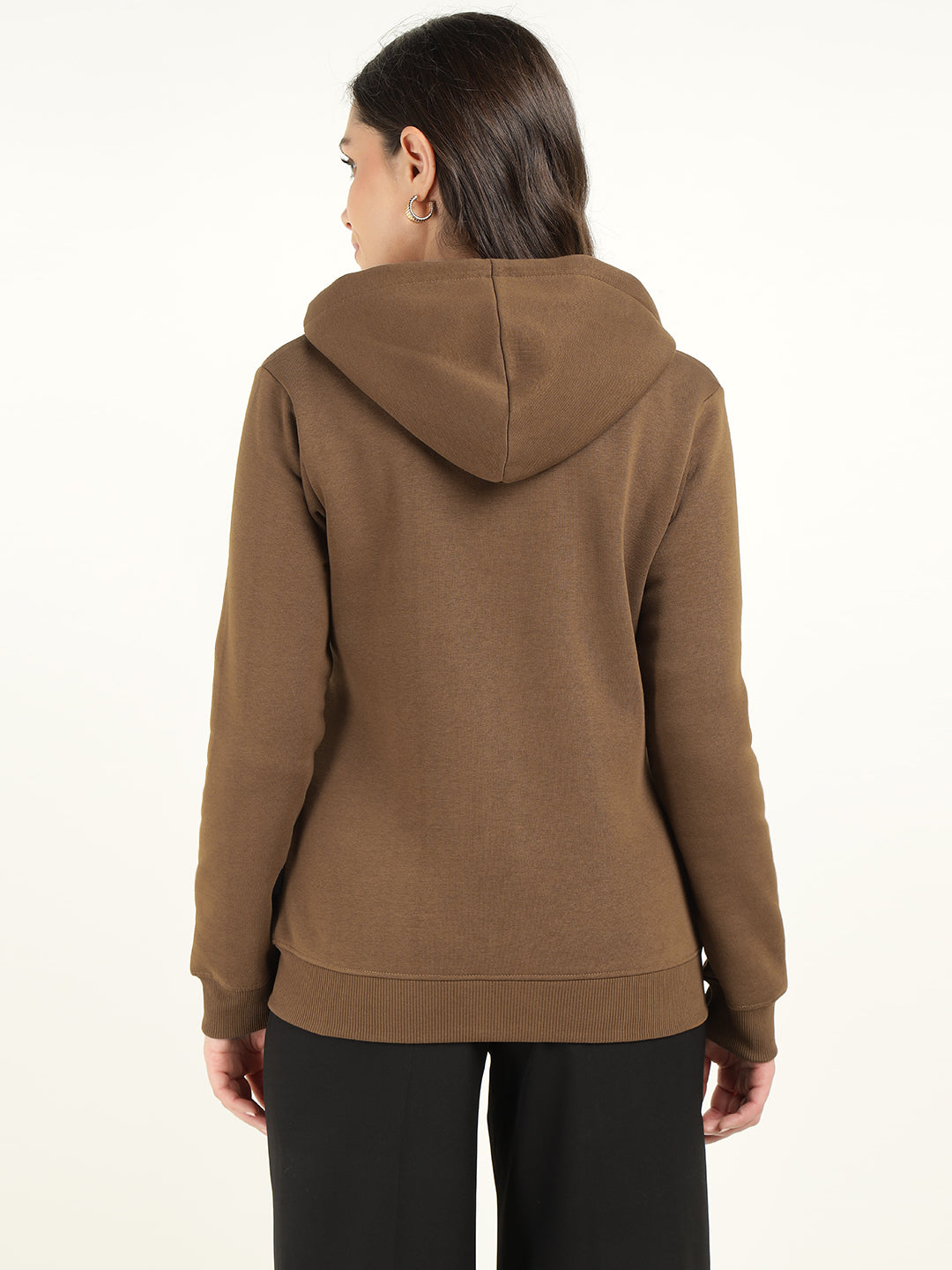 Women Tan Solid Cotton Rich Regular Fit Casual Sweatshirt