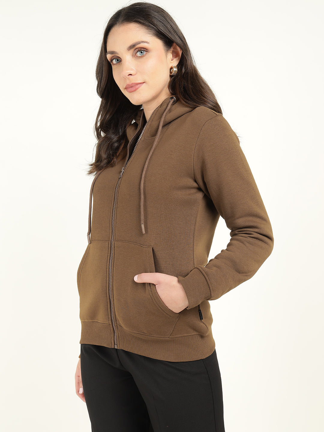 Women Tan Solid Cotton Rich Regular Fit Casual Sweatshirt
