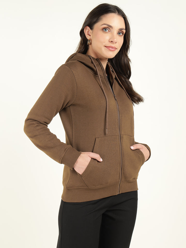 Women Tan Solid Cotton Rich Regular Fit Casual Sweatshirt