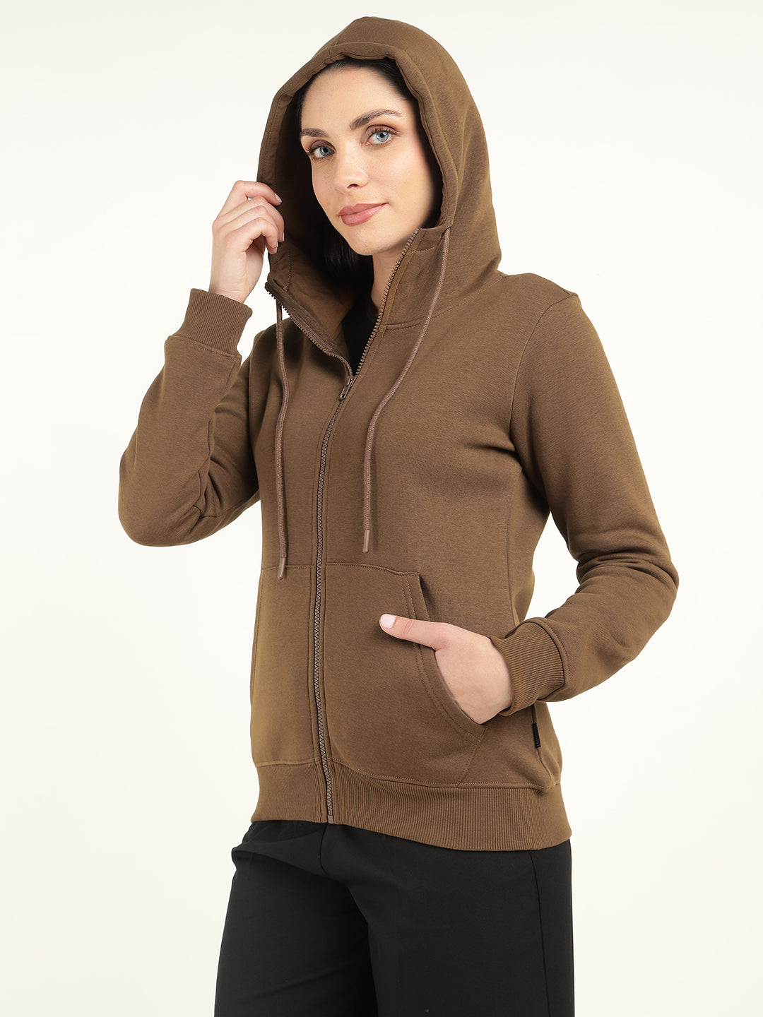 Women Tan Solid Cotton Rich Regular Fit Casual Sweatshirt