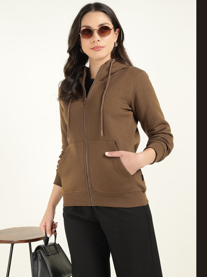Women Tan Solid Cotton Rich Regular Fit Casual Sweatshirt