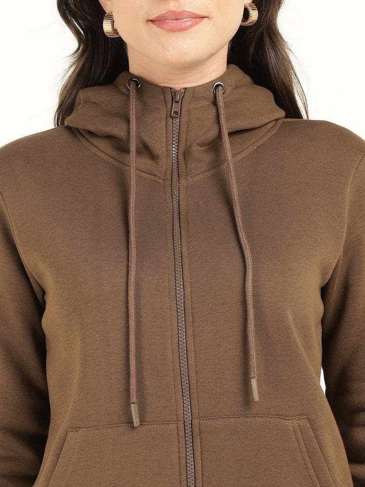 Women Tan Solid Cotton Rich Regular Fit Casual Sweatshirt