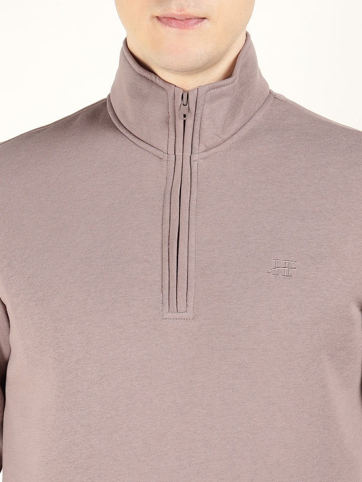 Hancock Men Dustymauve Solid Cotton Rich Regular Fit Casual Sweatshirt