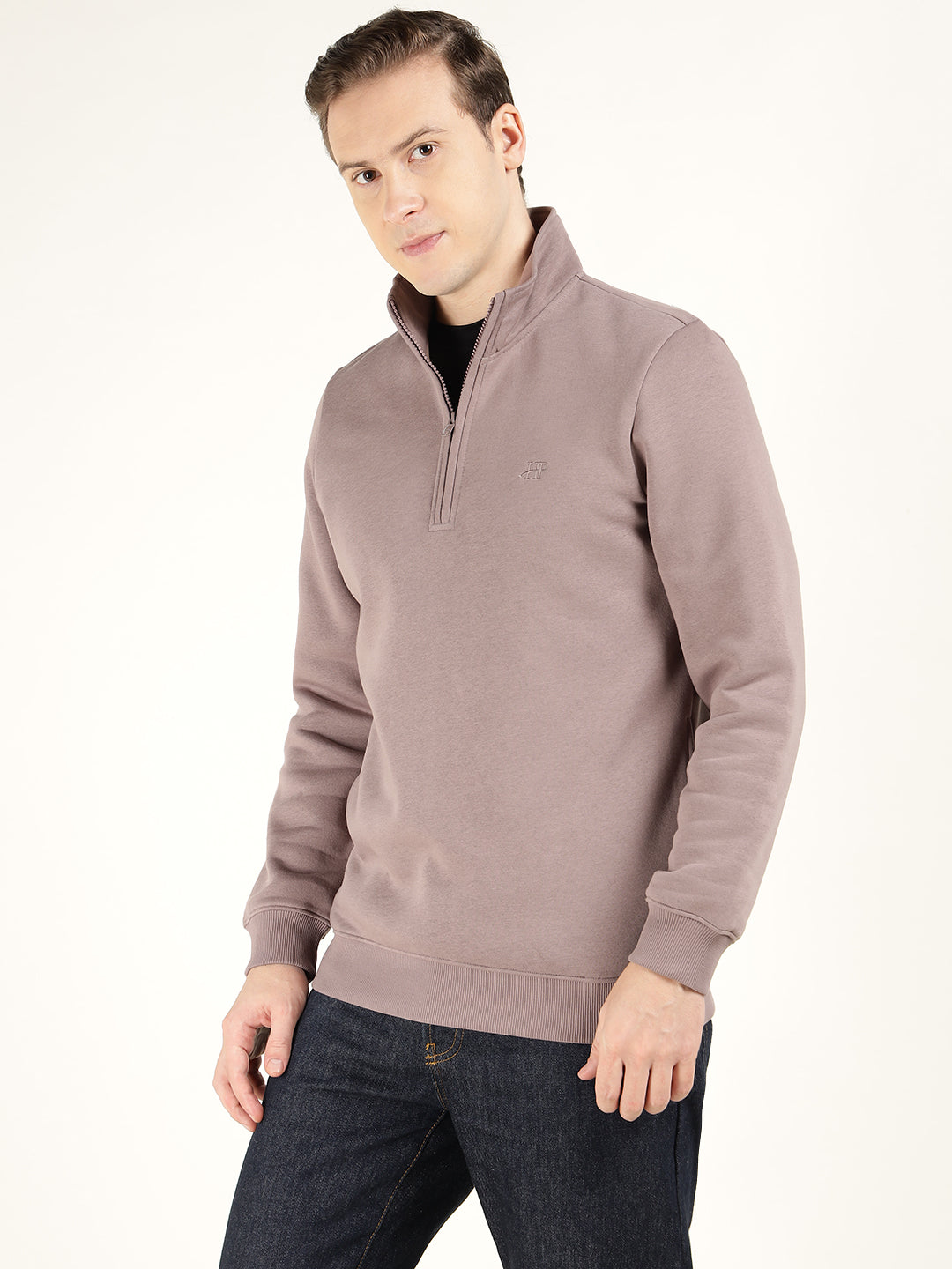 Hancock Men Dustymauve Solid Cotton Rich Regular Fit Casual Sweatshirt