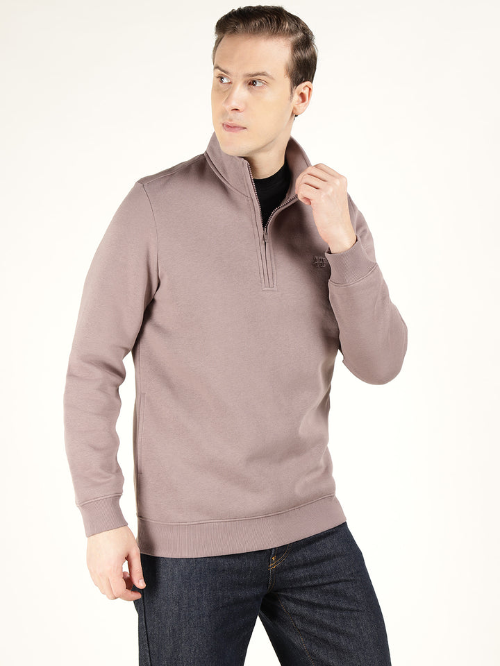 Hancock Men Dustymauve Solid Cotton Rich Regular Fit Casual Sweatshirt