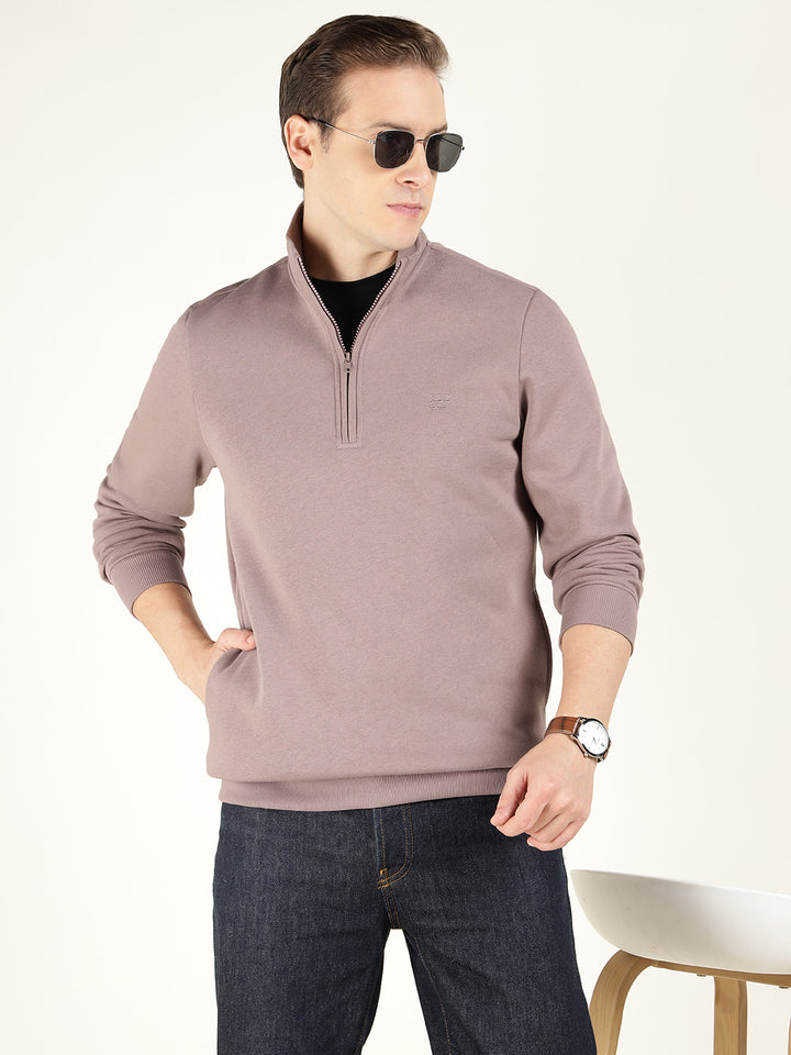 Hancock Men Dustymauve Solid Cotton Rich Regular Fit Casual Sweatshirt