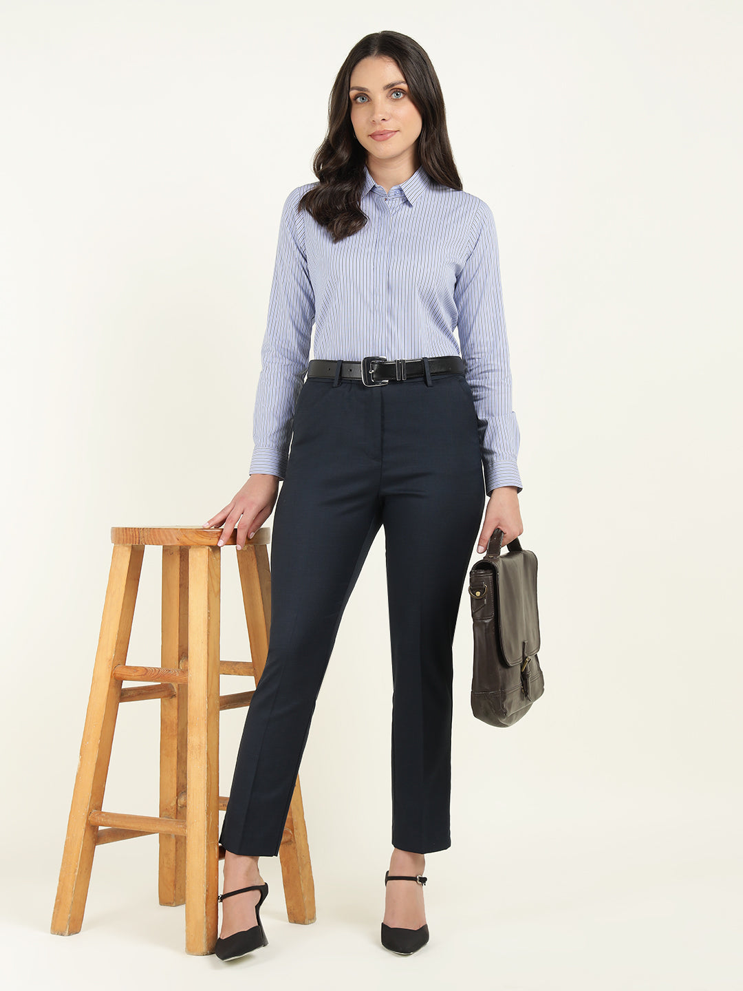 Women Blue Striped Cotton Elastene Regular Fit Formal Shirt