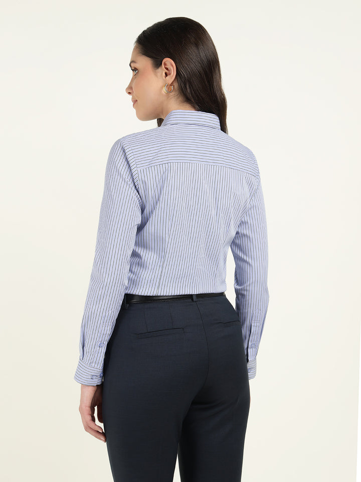 Women Blue Striped Cotton Elastene Regular Fit Formal Shirt