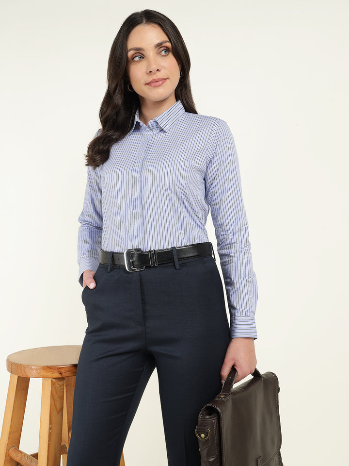 Women Blue Striped Cotton Elastene Regular Fit Formal Shirt
