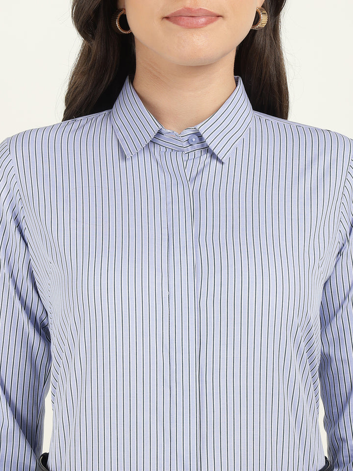 Women Blue Striped Cotton Elastene Regular Fit Formal Shirt