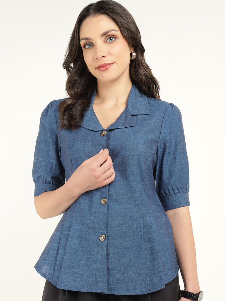 Women Prussion Blue Solid Pure Cotton Regular Fit Formal Shirt