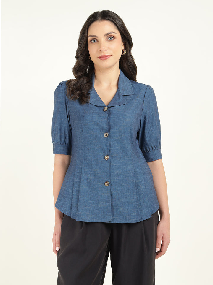 Women Prussion Blue Solid Pure Cotton Regular Fit Formal Shirt