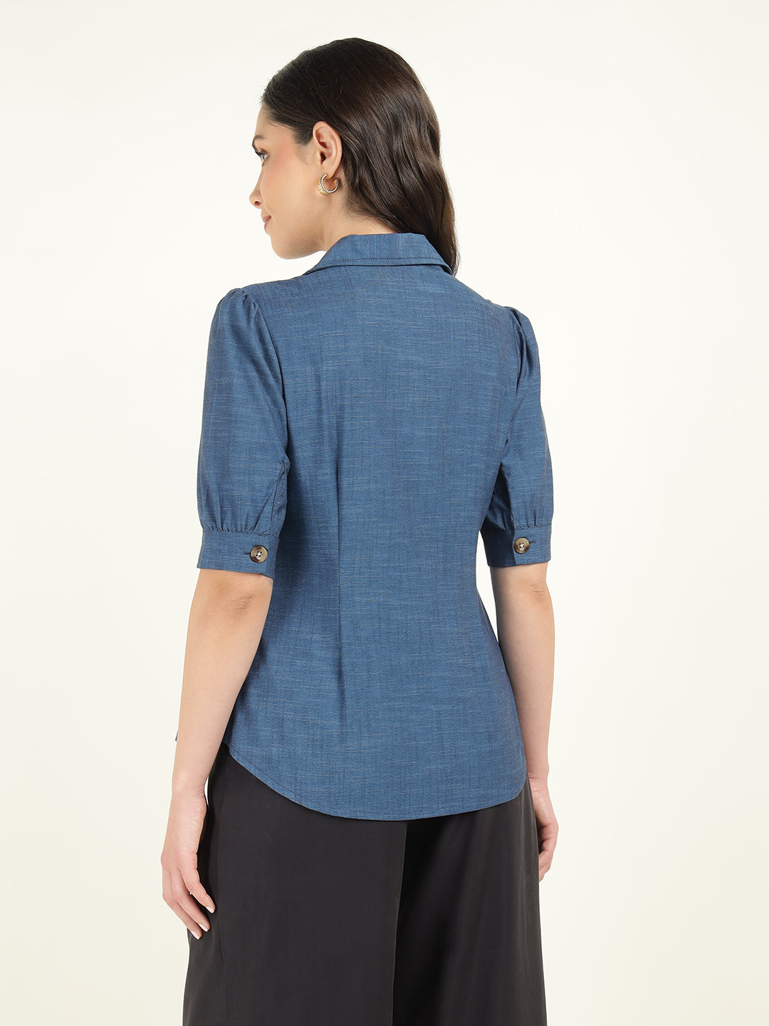 Women Prussion Blue Solid Pure Cotton Regular Fit Formal Shirt