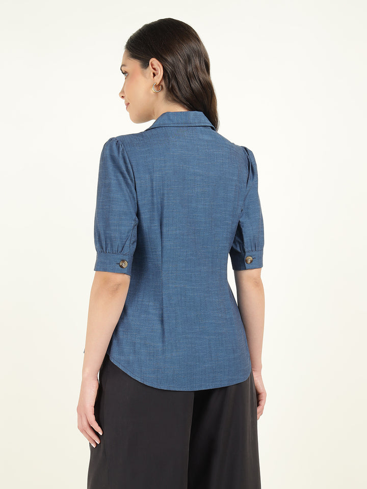 Women Prussion Blue Solid Pure Cotton Regular Fit Formal Shirt