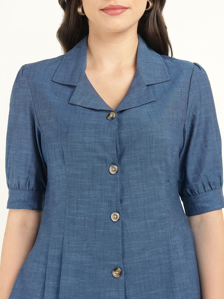 Women Prussion Blue Solid Pure Cotton Regular Fit Formal Shirt