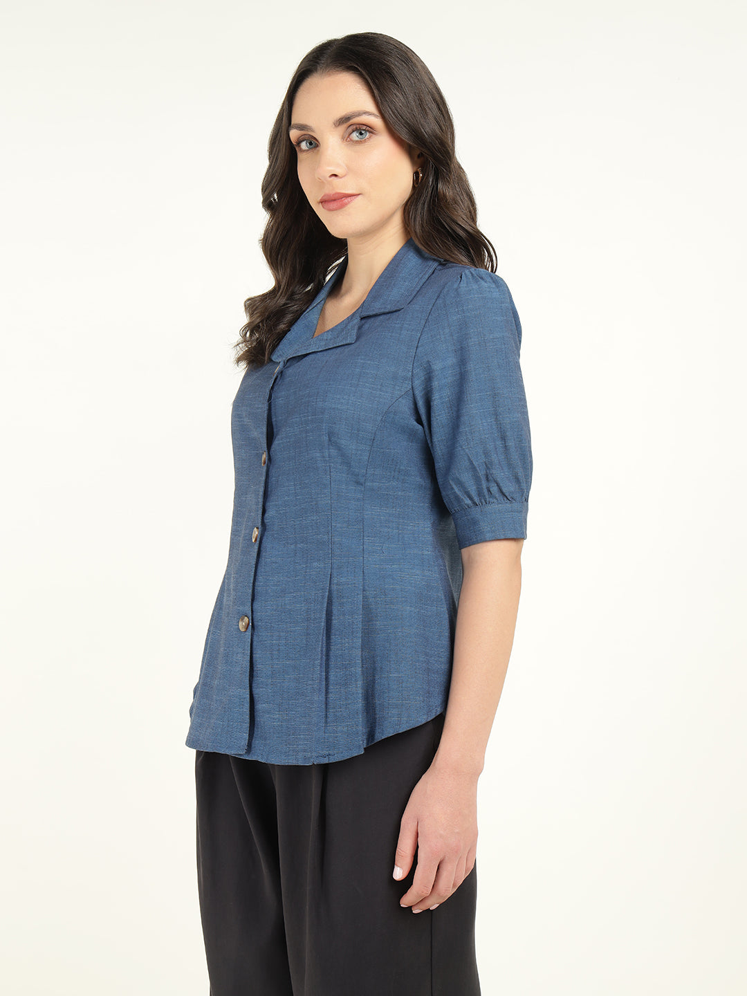 Women Prussion Blue Solid Pure Cotton Regular Fit Formal Shirt