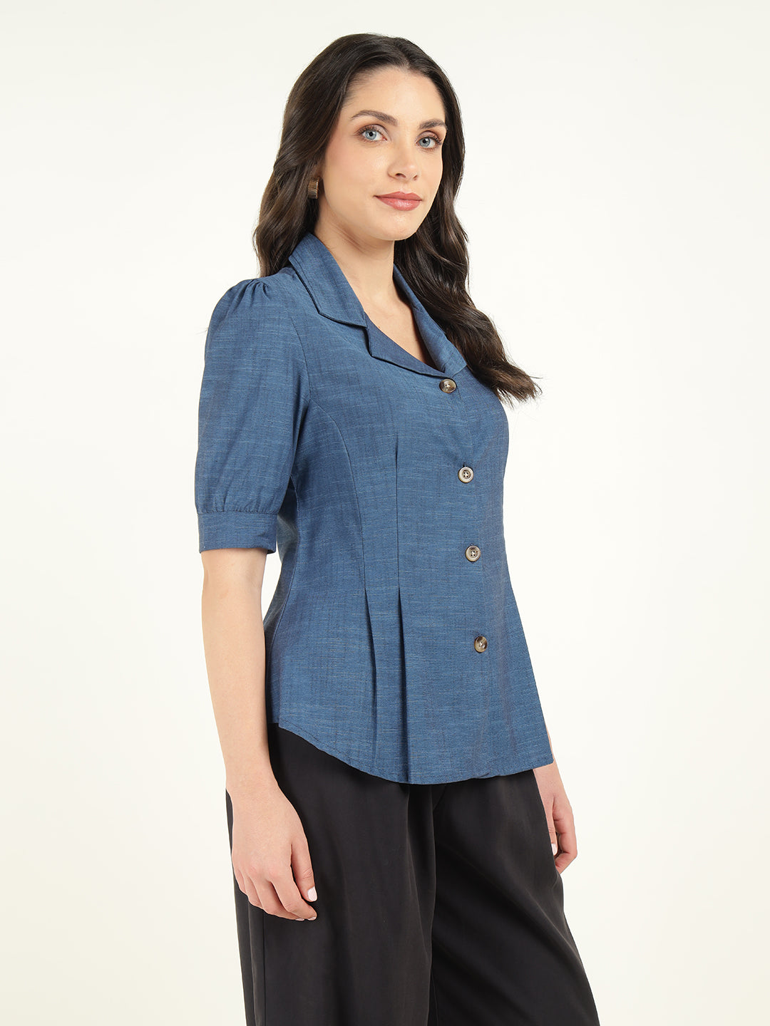 Women Prussion Blue Solid Pure Cotton Regular Fit Formal Shirt