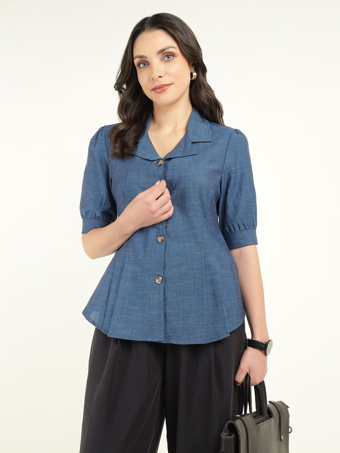 Women Prussion Blue Solid Pure Cotton Regular Fit Formal Shirt