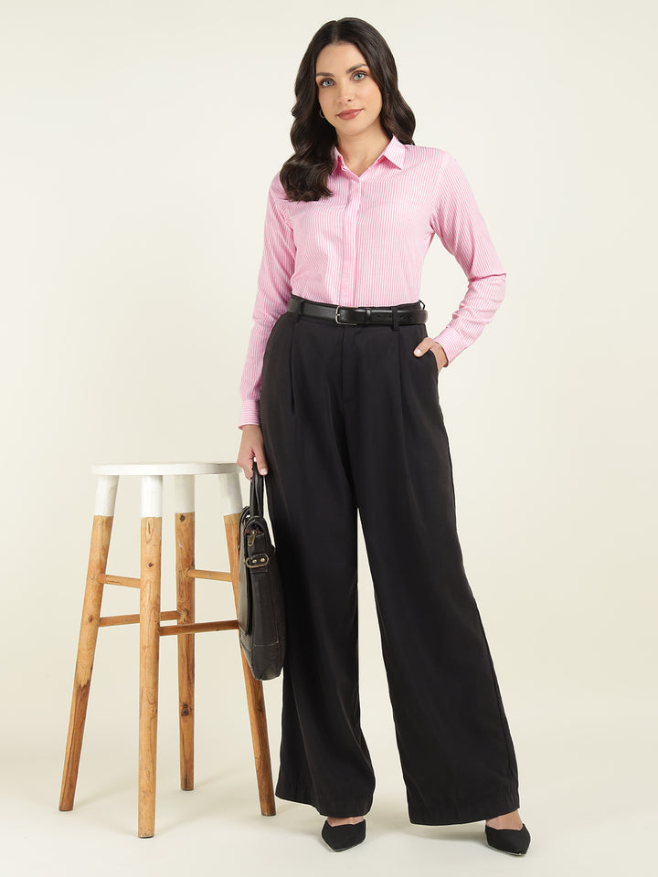 Hancock Women Pink Striped Pure Cotton Regular Fit Formal Shirt