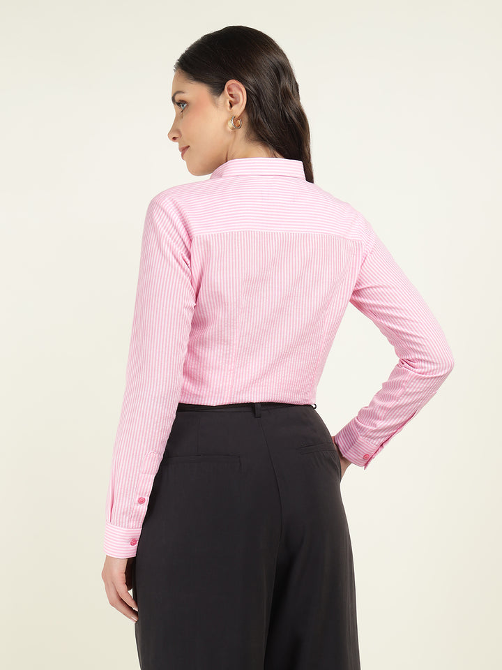 Hancock Women Pink Striped Pure Cotton Regular Fit Formal Shirt