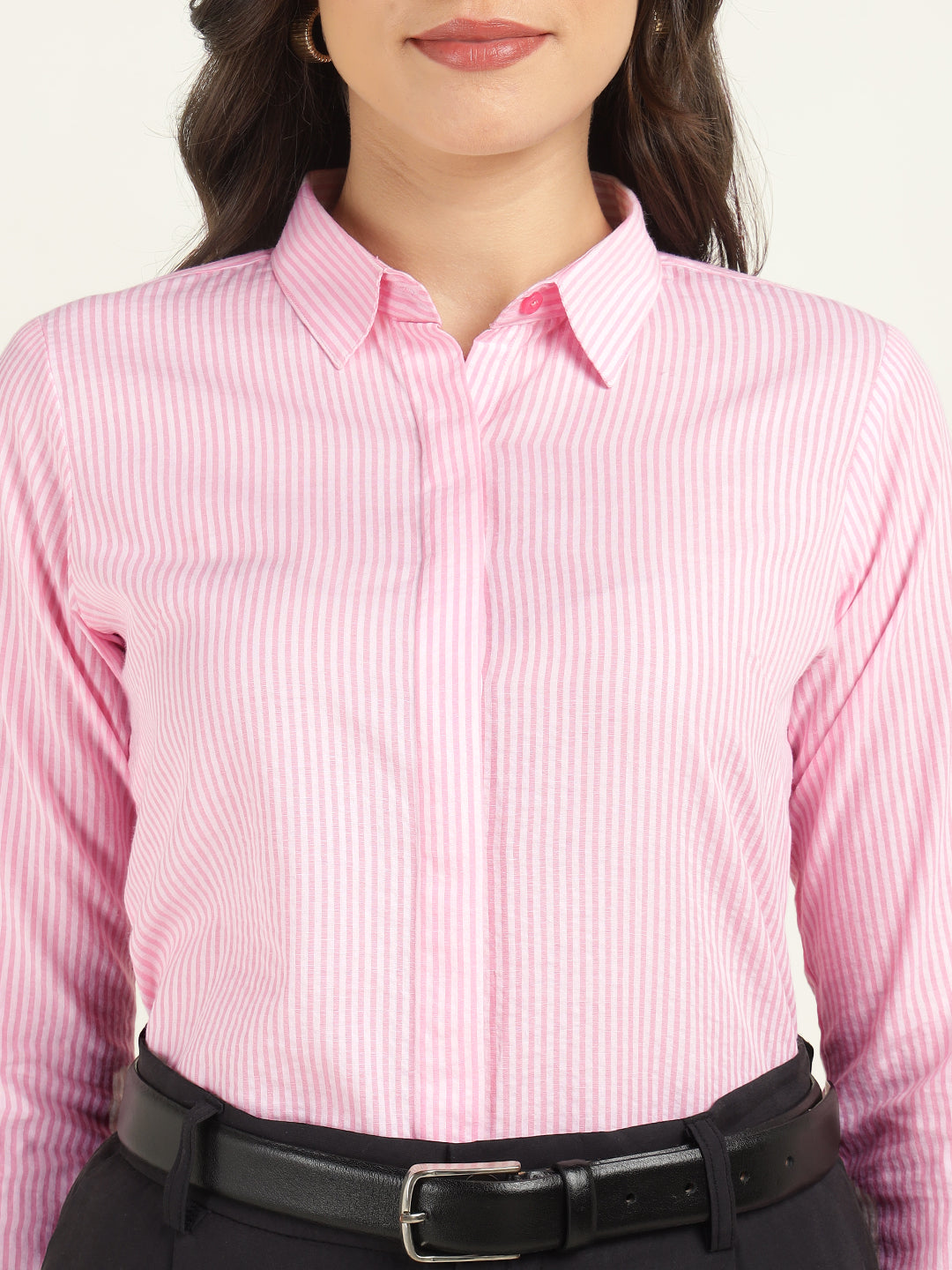 Hancock Women Pink Striped Pure Cotton Regular Fit Formal Shirt
