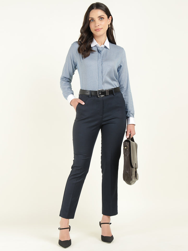 Women White & Blue Solid Pure Cotton Regular Fit Formal Shirt