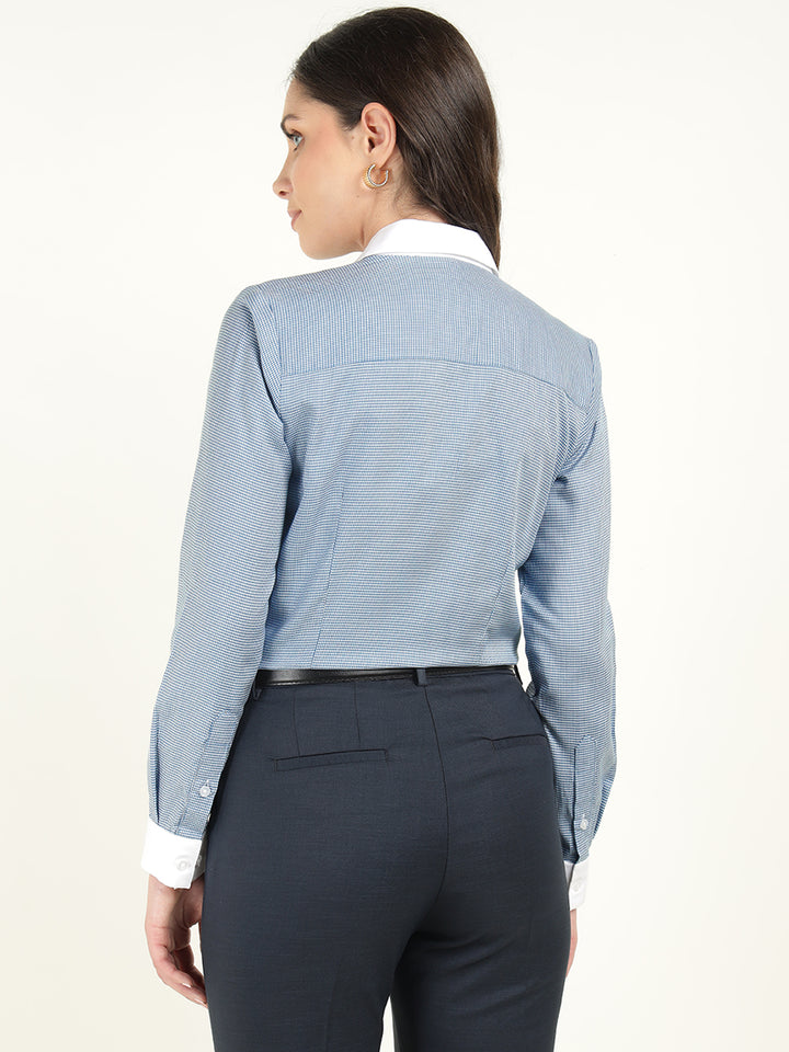 Women White & Blue Solid Pure Cotton Regular Fit Formal Shirt