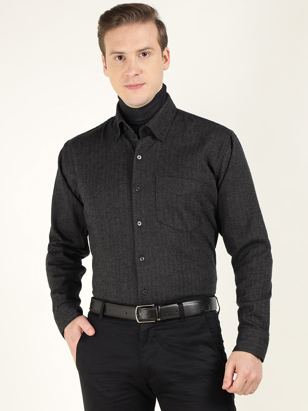 Hancock Men Dark Grey Solid Pure Cotton Slim Fit Formal Shirt