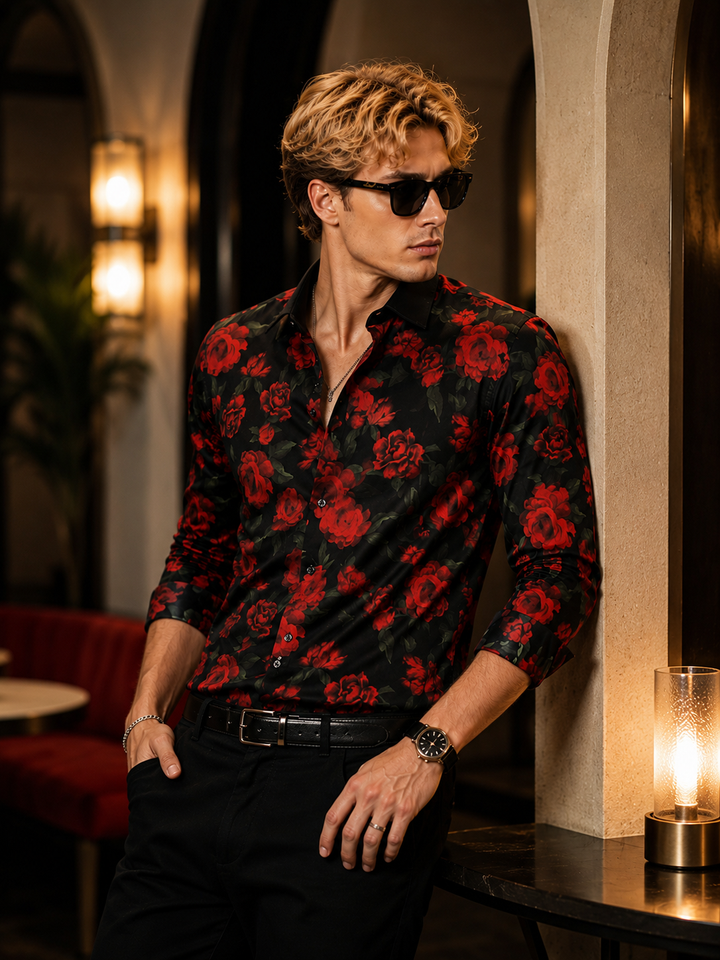 Men Black & Red Printed Pure Cotton Slim Fit Party Shirt