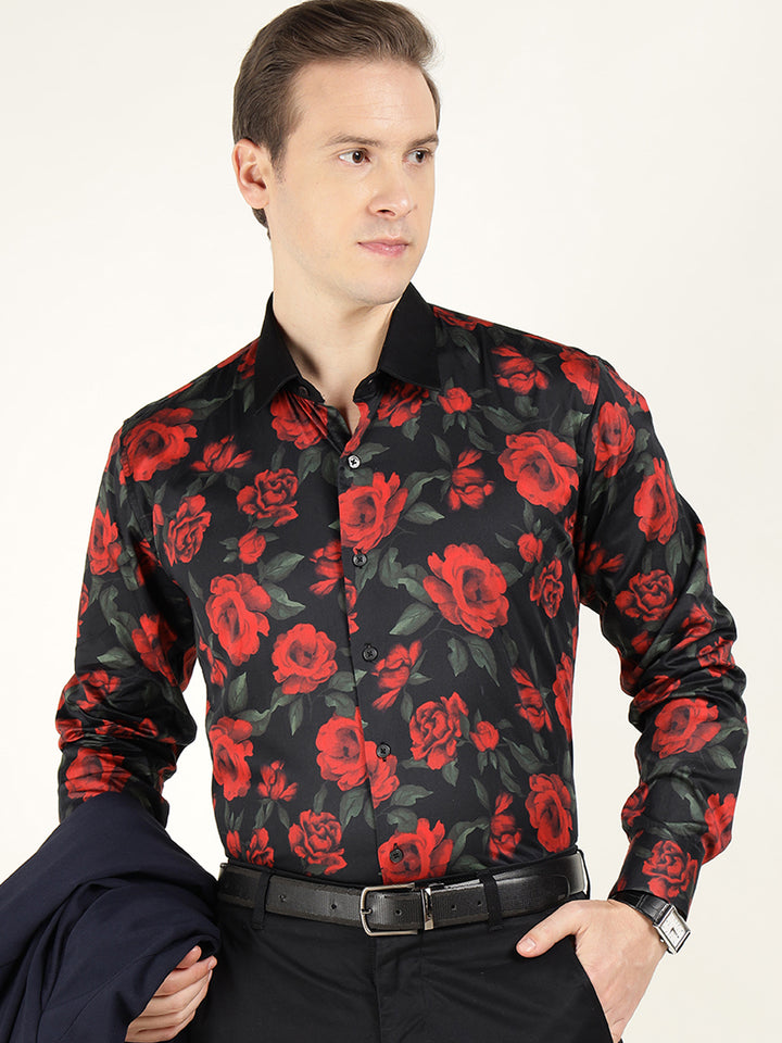 Hancock Men Black & Red Printed Pure Cotton Slim Fit Party Shirt