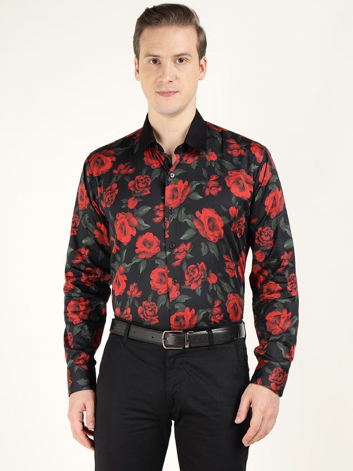 Hancock Men Black & Red Printed Pure Cotton Slim Fit Party Shirt