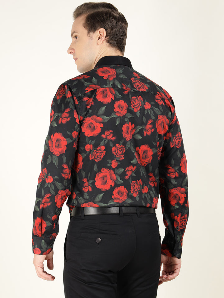 Hancock Men Black & Red Printed Pure Cotton Slim Fit Party Shirt