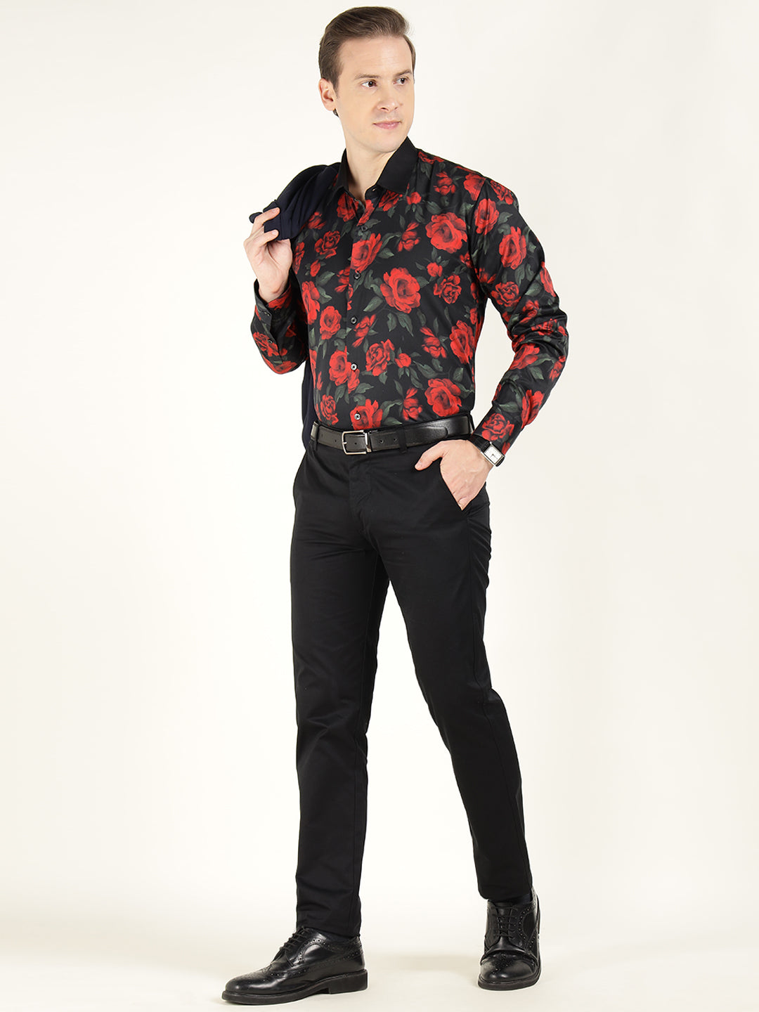 Hancock Men Black & Red Printed Pure Cotton Slim Fit Party Shirt