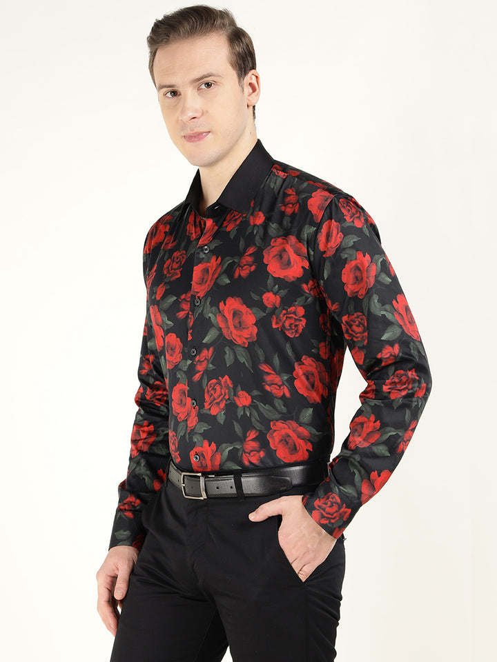 Hancock Men Black & Red Printed Pure Cotton Slim Fit Party Shirt