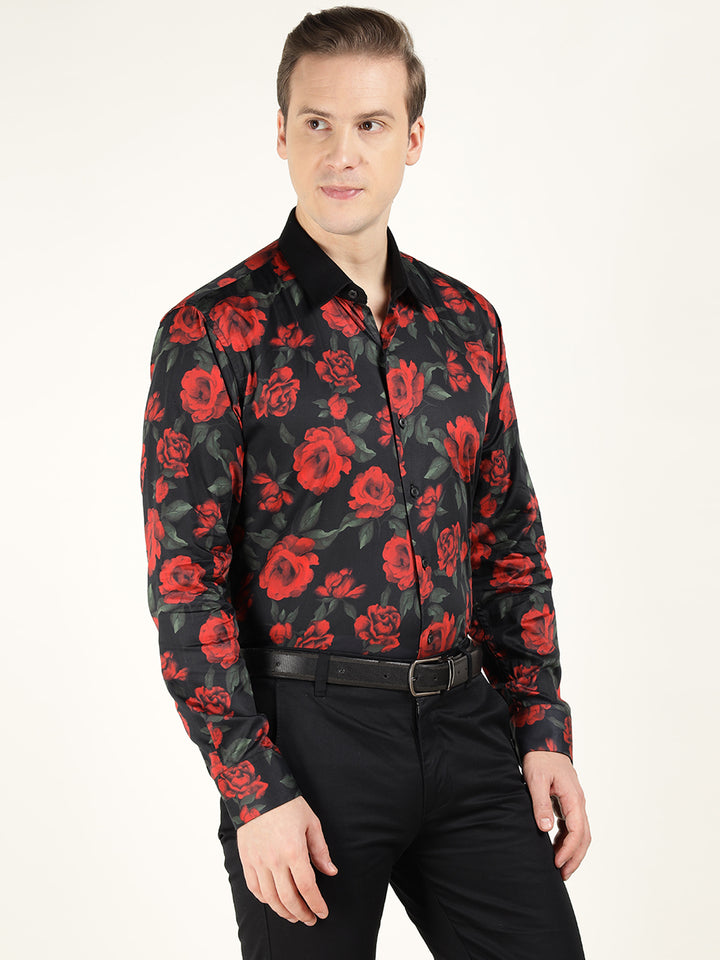 Hancock Men Black & Red Printed Pure Cotton Slim Fit Party Shirt