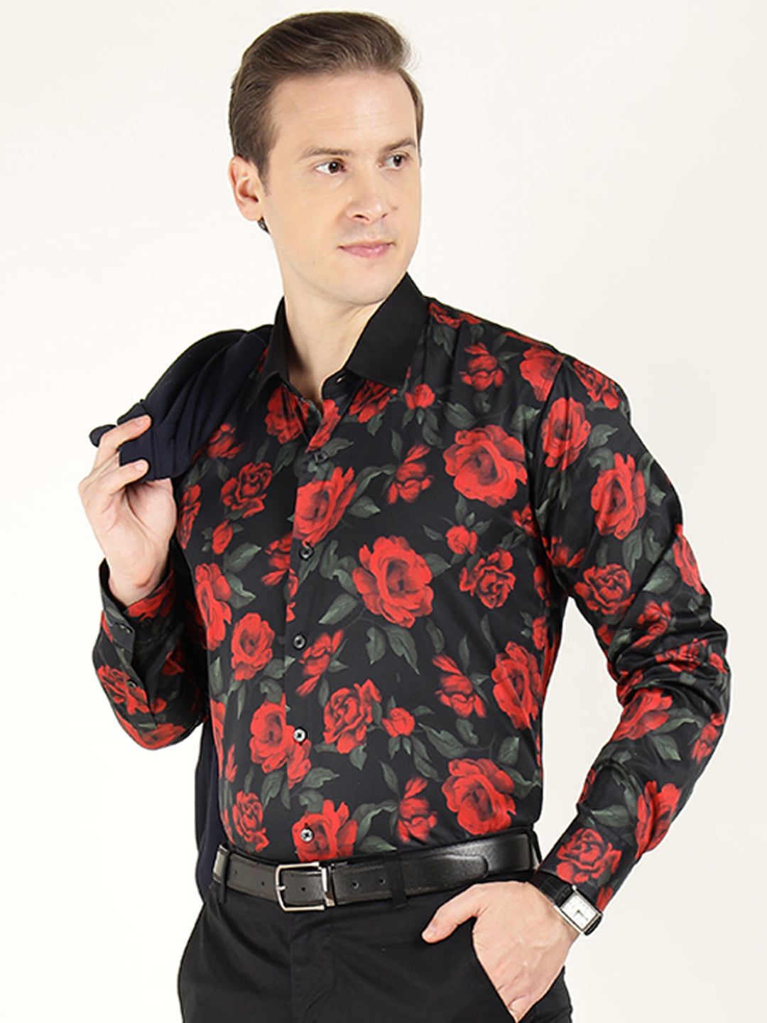 Hancock Men Black & Red Printed Pure Cotton Slim Fit Party Shirt