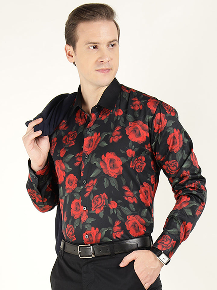 Hancock Men Black & Red Printed Pure Cotton Slim Fit Party Shirt