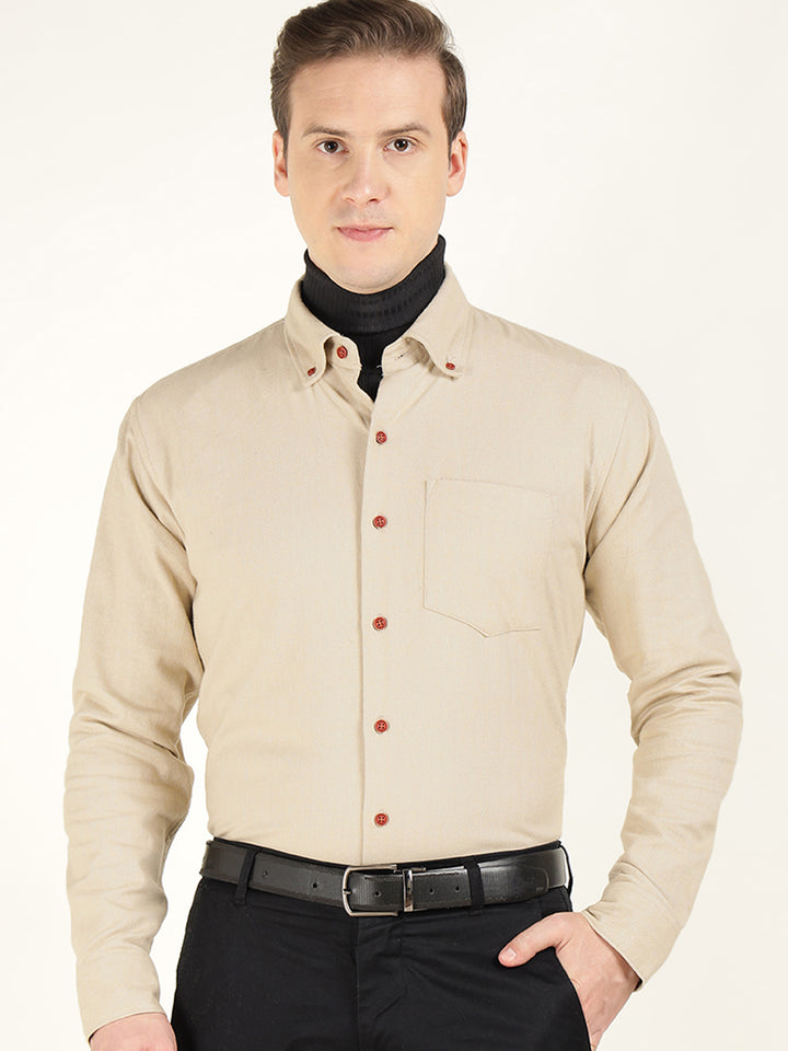 Hancock Men Beige Solid Pure Cotton Slim Fit Formal Shirt