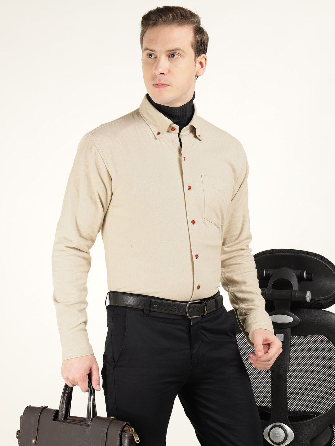 Hancock Men Beige Solid Pure Cotton Slim Fit Formal Shirt