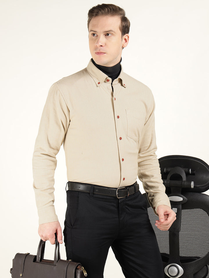 Hancock Men Beige Solid Pure Cotton Slim Fit Formal Shirt