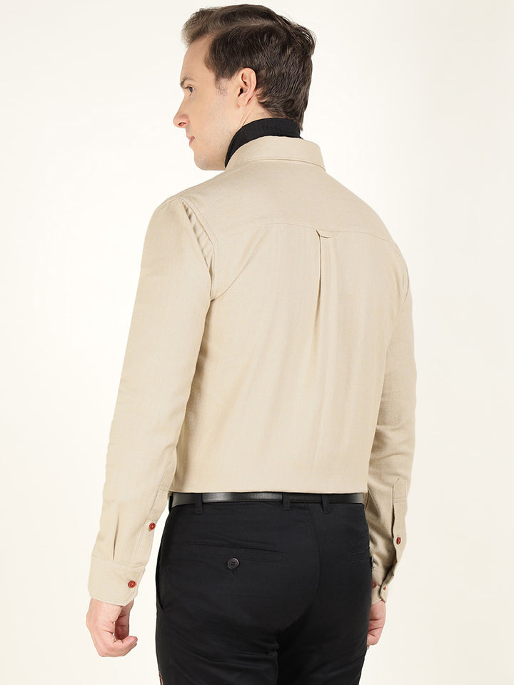 Hancock Men Beige Solid Pure Cotton Slim Fit Formal Shirt