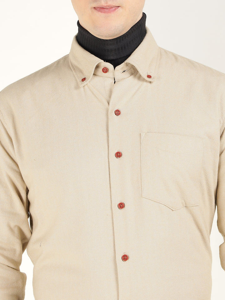 Hancock Men Beige Solid Pure Cotton Slim Fit Formal Shirt