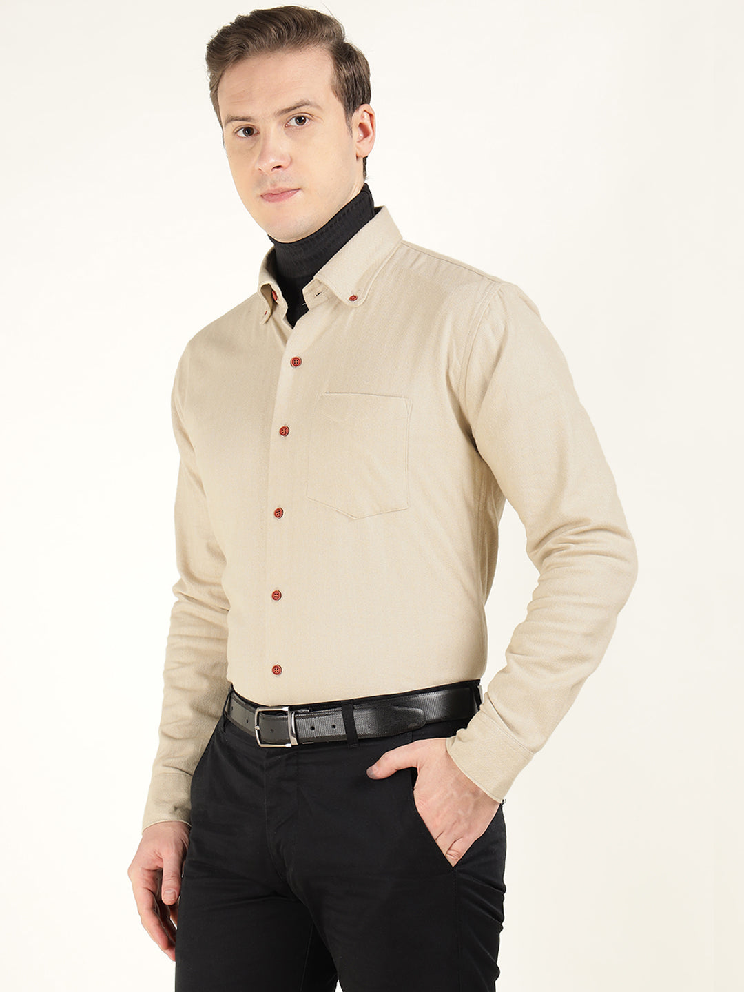 Hancock Men Beige Solid Pure Cotton Slim Fit Formal Shirt