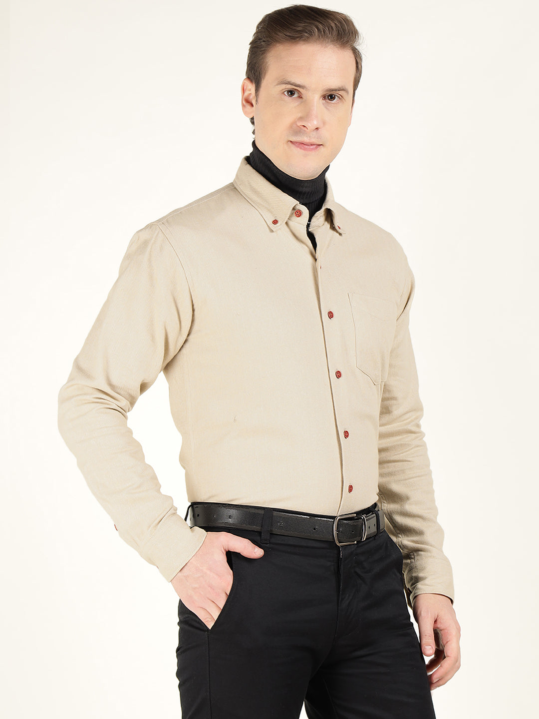 Hancock Men Beige Solid Pure Cotton Slim Fit Formal Shirt