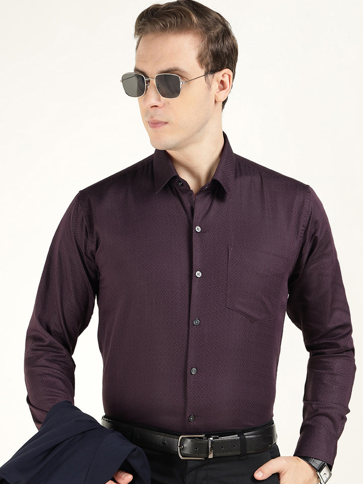 Men Burgundy Solid Cotton Rich Slim Fit Party Shirt
